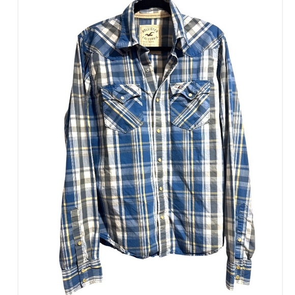 Hollister Blue and White Plaid Button Down snap Shirt large cotton - Picture 1 of 4